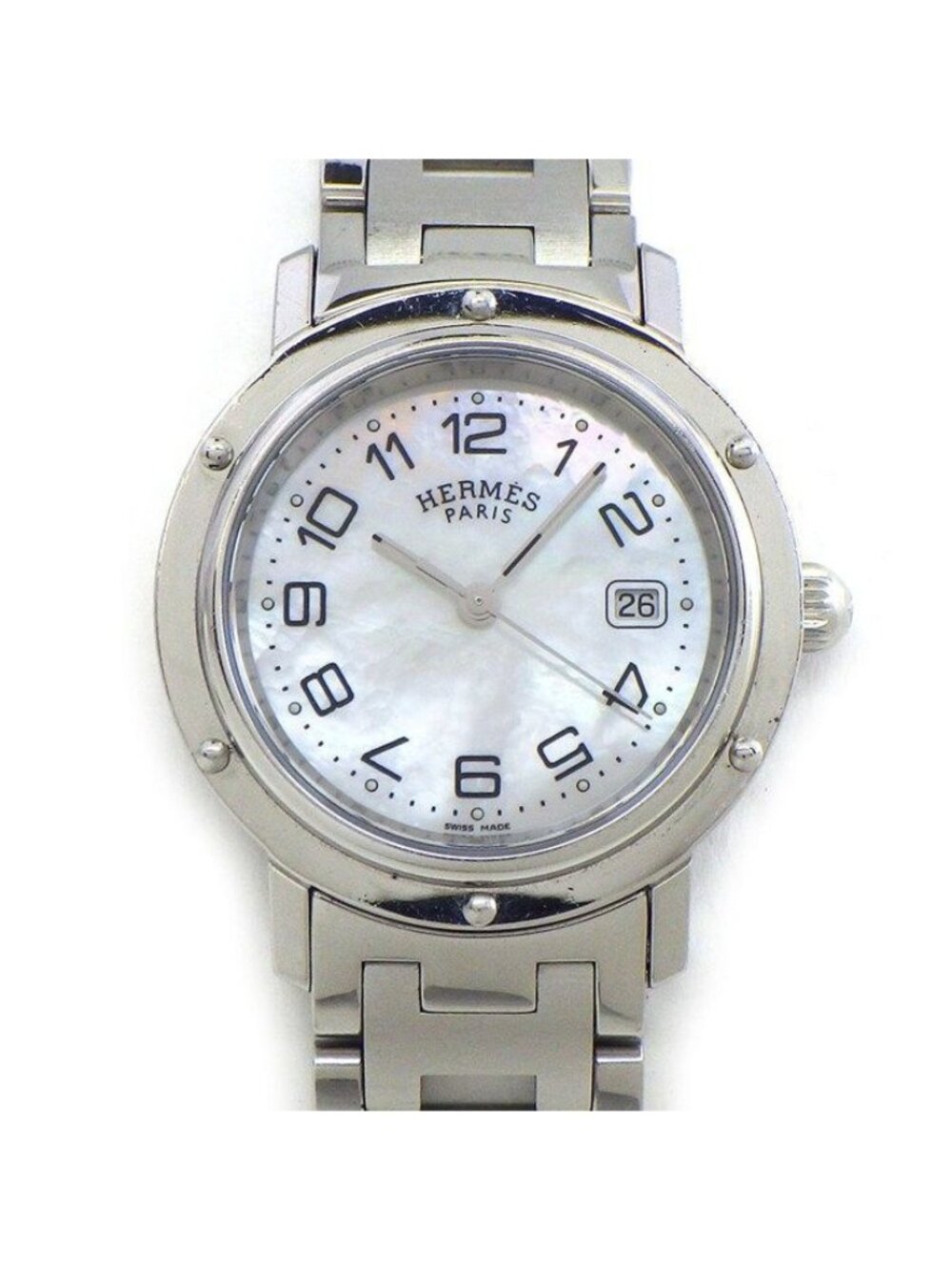 Hermes Watch Clipper White Shell Dial Date Luminous Hands Index SS Quartz Analog